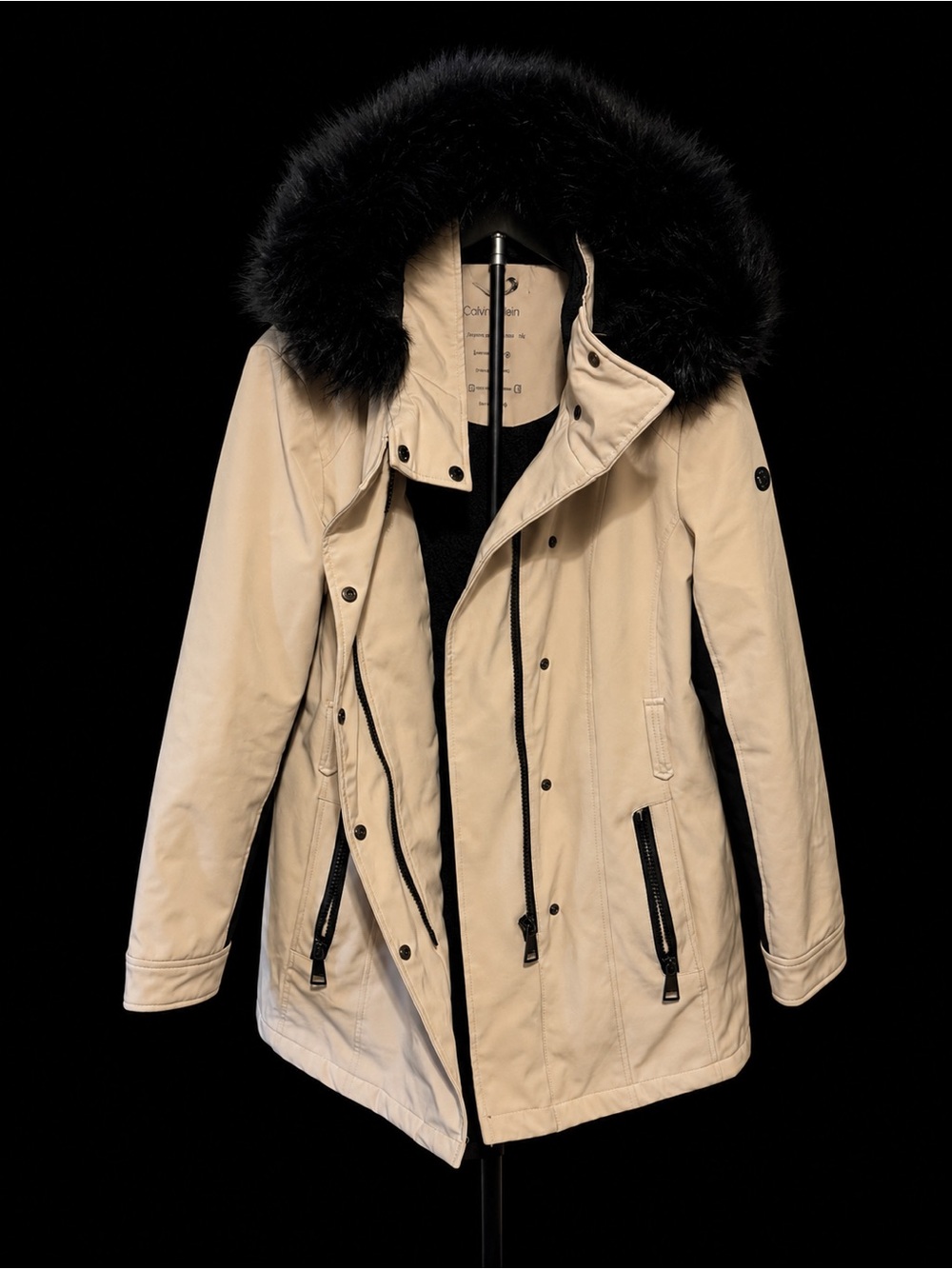 Calvin Klein Cream 4-Way Stretch Softshell Parka Faux Fur Hood Coat Estimated S